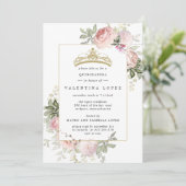 Elegant Blush Roze Bloemen Goud Tiara Quinceanera Kaart (Staand voorkant)