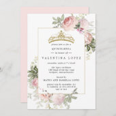 Elegant Blush Roze Bloemen Goud Tiara Quinceanera Kaart (Voorkant / Achterkant)