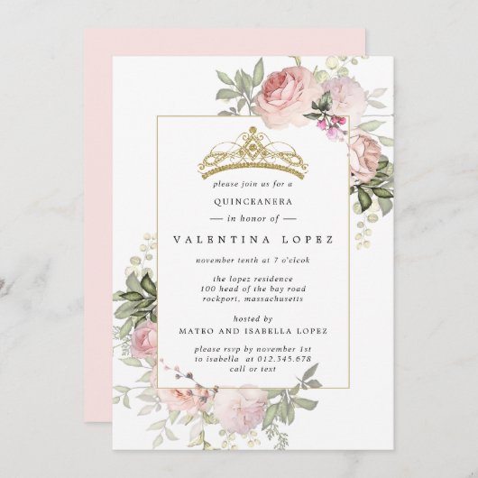 Elegant Blush Roze Bloemen Goud Tiara Quinceanera Kaart (Voorkant / Achterkant)