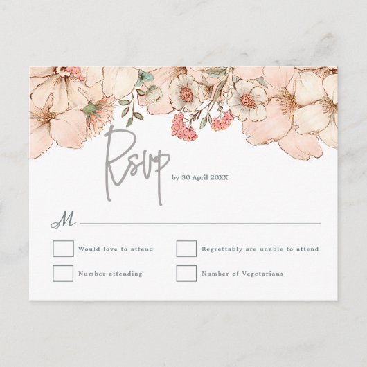 Elegant Blush Roze Bloemen Grijs Script Bruiloft R Briefkaart (Voorkant)