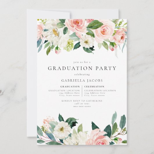 Elegant Blush Roze Bloemen Groen Afstuderen Kaart (Voorkant)