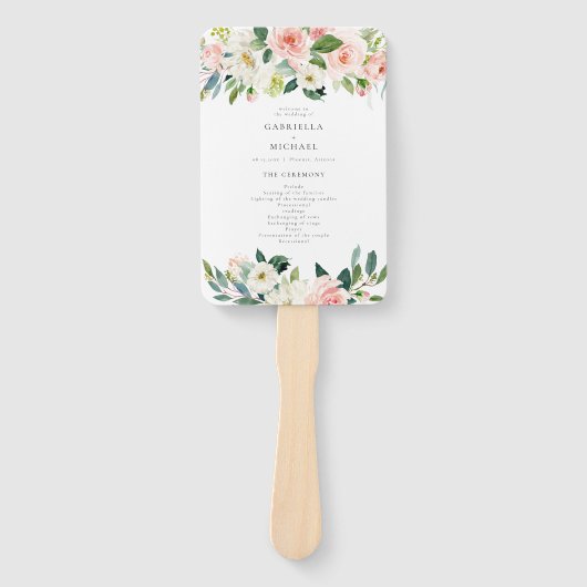 Elegant Blush Roze Bloemen Groen Bruiloft Programm Handwaaier (Voorkant)