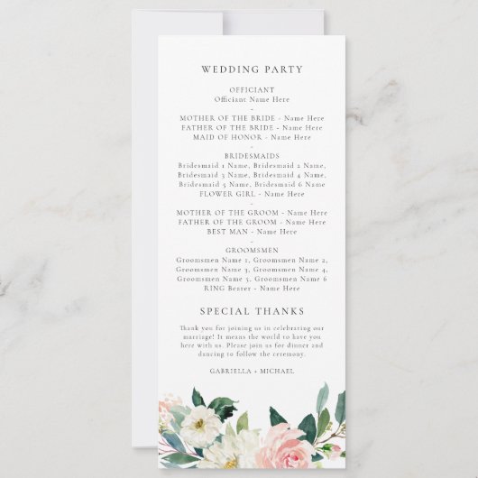 Elegant Blush Roze Bloemen Groen Bruiloft Programm Kaart (Achterkant)