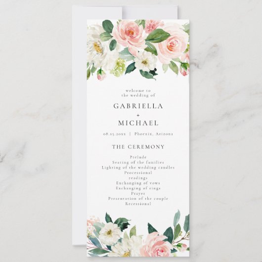 Elegant Blush Roze Bloemen Groen Bruiloft Programm Kaart (Voorkant)