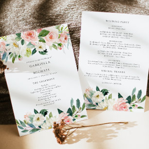Elegant Blush Roze Bloemen Groen Bruiloft Programm Kaart