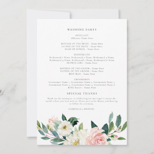 Elegant Blush Roze Bloemen Groen Bruiloft Programm Kaart (Achterkant)