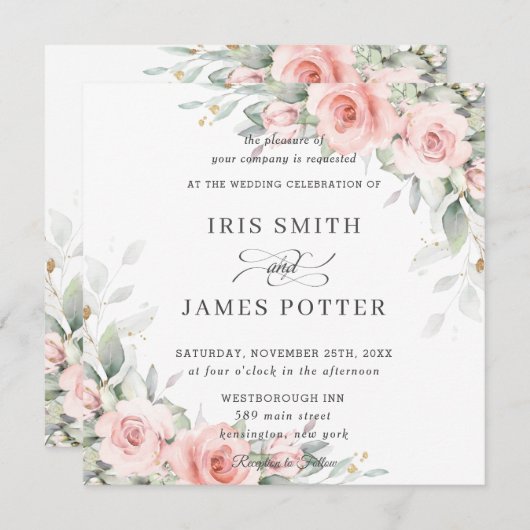Elegant Blush Roze Bloemen Groen Bruiloft Vierkant Kaart (Voorkant / Achterkant)