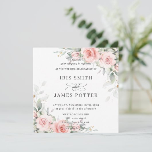 Elegant Blush Roze Bloemen Groen Bruiloft Vierkant Kaart (Staand voorkant)