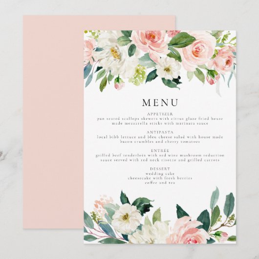 Elegant Blush Roze Bloemen Groen Diner Menu Kaart (Voorkant / Achterkant)