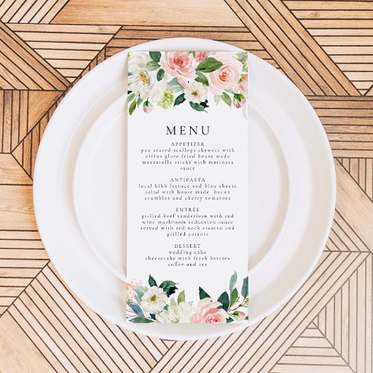 Elegant Blush Roze Bloemen Groen Diner Menu Kaart