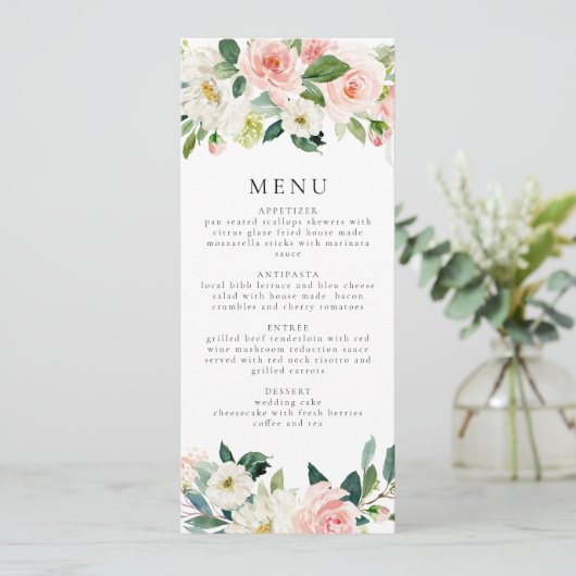 Elegant Blush Roze Bloemen Groen Diner Menu Kaart (Staand voorkant)