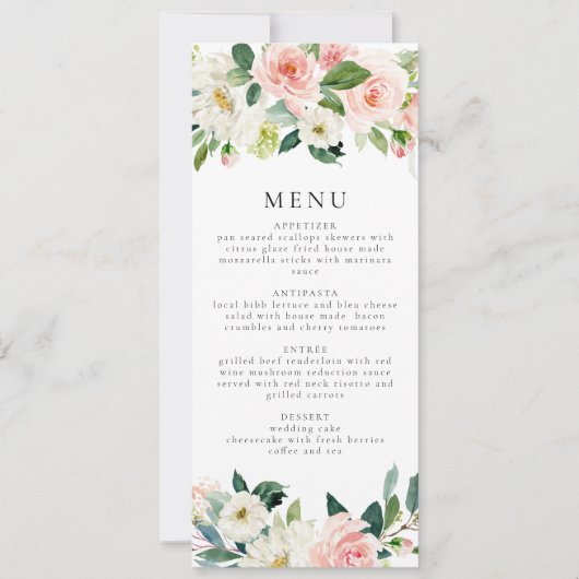 Elegant Blush Roze Bloemen Groen Diner Menu Kaart (Voorkant)