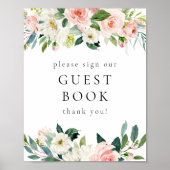 Elegant Blush Roze Bloemen Groen Gastenboek teken Poster (Voorkant)