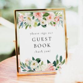 Elegant Blush Roze Bloemen Groen Gastenboek teken Poster