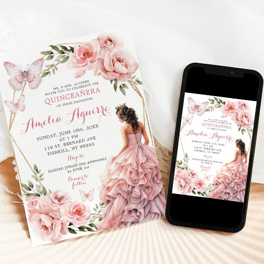 Elegant Blush Roze Bloemen Mexicaans Quinceañera Kaart