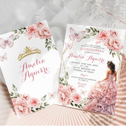 Elegant Blush Roze Bloemen Mexicaans Quinceañera Kaart