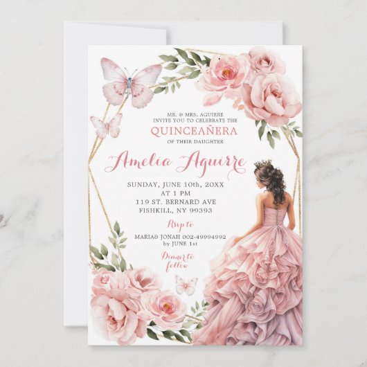 Elegant Blush Roze Bloemen Mexicaans Quinceañera Kaart (Voorkant)