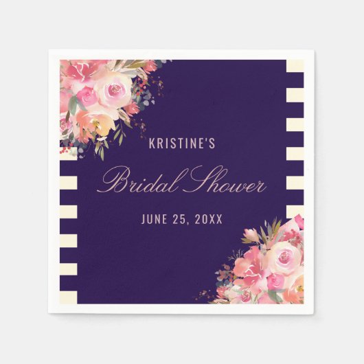 Elegant Blush Roze Bloemen Navy Blauwe Strepen Servet (Voorkant)