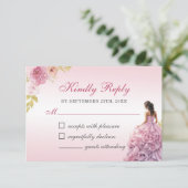 Elegant Blush Roze Bloemen Quinceañera RSVP Kaartje (Staand voorkant)