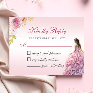 Elegant Blush Roze Bloemen Quinceañera RSVP Kaartje