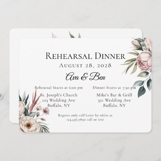 Elegant Blush Roze Bloemen repetitie diner Kaart (Voorkant / Achterkant)