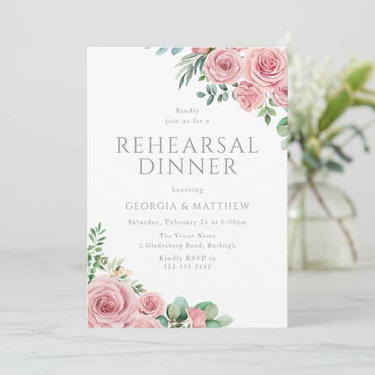 Elegant Blush Roze Bloemen repetitie diner Kaart (Staand voorkant)