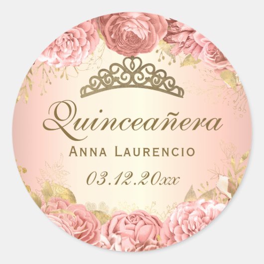 Elegant Blush Roze Bloemen Rozen Quinceanera Ronde Sticker (Voorkant)