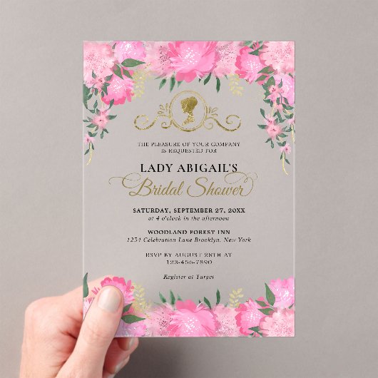 Elegant Blush Roze Bloemen Victoriaans Vrijgezelle Acryl Uitnodigingen (Insitu (Draagbaar))