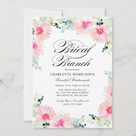 Elegant Blush Roze Bloemen Waterverf Bruidsbrunch Kaart (Voorkant)