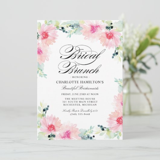 Elegant Blush Roze Bloemen Waterverf Bruidsbrunch Kaart (Staand voorkant)