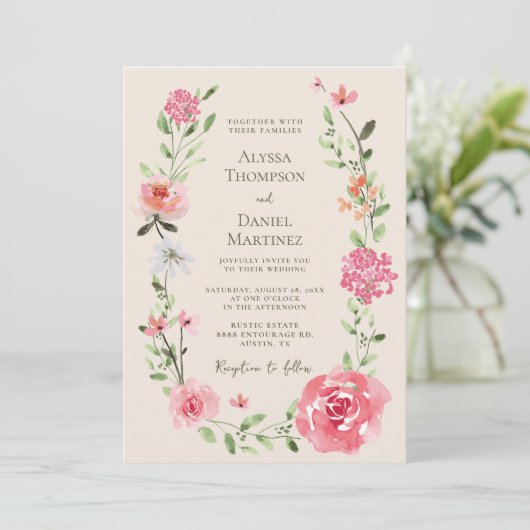 Elegant Blush Roze Bloemen Waterverf Bruiloft Kaart (Staand voorkant)