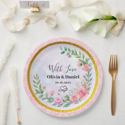 Elegant Blush Roze Bloemen Waterverf Bruiloft Papieren Bordje (Huwelijk)