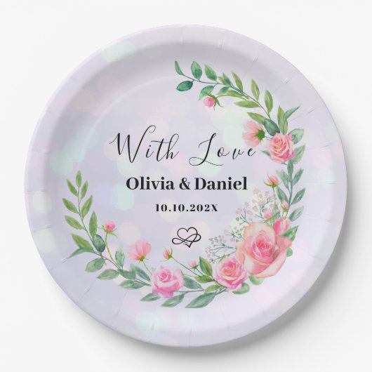 Elegant Blush Roze Bloemen Waterverf Bruiloft Papieren Bordje (Voorkant)