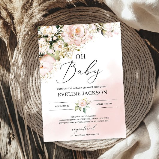 Elegant blush roze bloemengouden meisje oh baby sh kaart