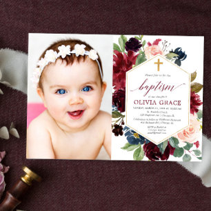 Elegant blush roze bogundy navy baptisme foto kaart