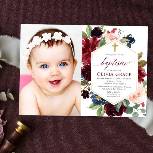 Elegant blush roze bogundy navy baptisme foto kaart