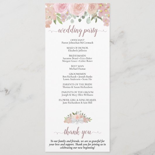 Elegant Blush Roze Boho Waterverf Bloemen Bruiloft Programmakaart (Achterkant)
