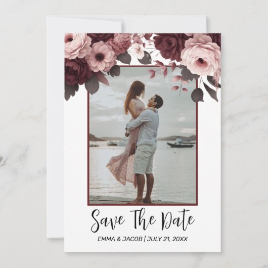 Elegant Blush Roze Bourgogne Roos Save The Date (Voorkant)