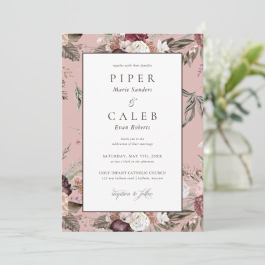 Elegant Blush Roze Bourgondië Bloemen Bruiloft Inv Kaart (Staand voorkant)