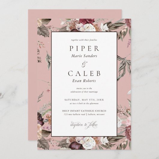 Elegant Blush Roze Bourgondië Bloemen Bruiloft Inv Kaart (Voorkant / Achterkant)