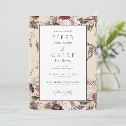 Elegant Blush Roze Bourgondië Bloemen Bruiloft Inv Kaart (Staand voorkant)