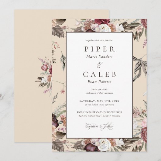 Elegant Blush Roze Bourgondië Bloemen Bruiloft Inv Kaart (Voorkant / Achterkant)