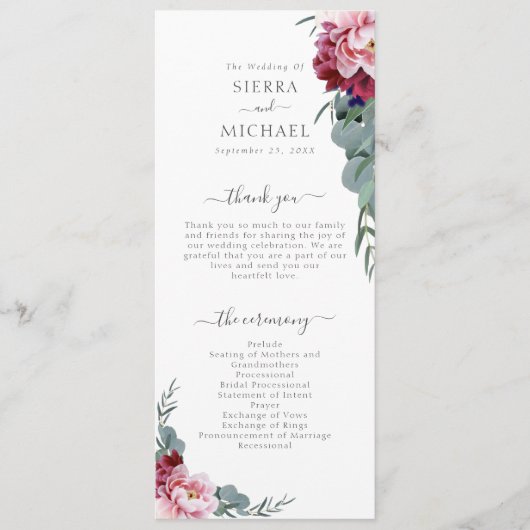 Elegant Blush Roze Bourgondië Floral Foliage Bruil Programmakaart (Voorkant)