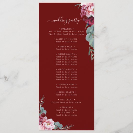 Elegant Blush Roze Bourgondië Floral Foliage Bruil Programmakaart (Achterkant)