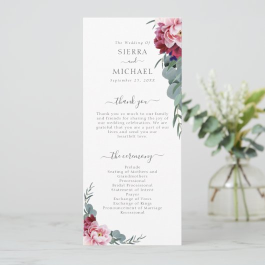 Elegant Blush Roze Bourgondië Floral Foliage Bruil Programmakaart (Staand voorkant)