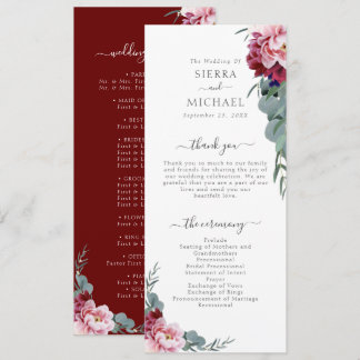 Elegant Blush Roze Bourgondië Floral Foliage Bruil Programmakaart