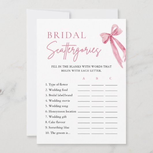 Elegant Blush Roze Bow Bruids Scattergories Game Kaart (Voorkant)