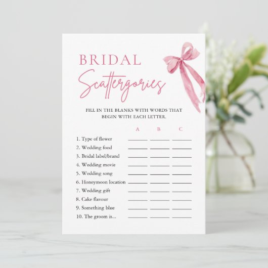 Elegant Blush Roze Bow Bruids Scattergories Game Kaart (Staand voorkant)