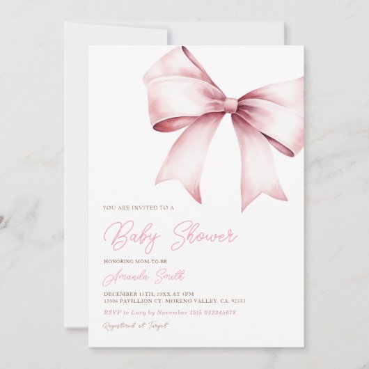 Elegant Blush Roze Bow Coquette Meisje Baby shower Kaart (Voorkant)