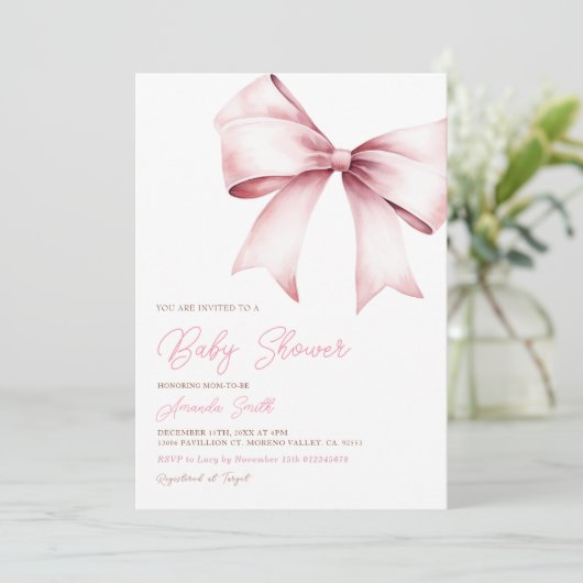 Elegant Blush Roze Bow Coquette Meisje Baby shower Kaart (Staand voorkant)